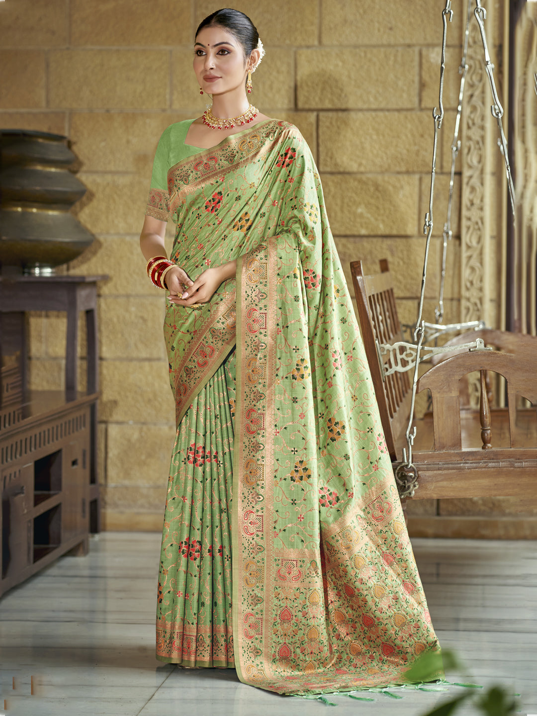 Women Pista Green Silk Saree With Un Stitched Blouse - Aanika