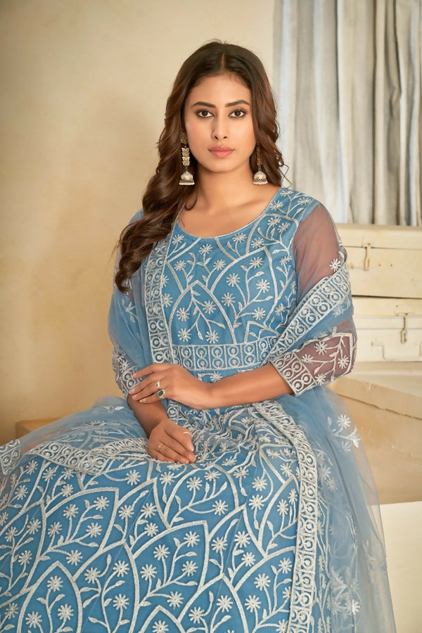 Jyoti Fashion Women's Sky Blue Net Embroidered Anarkali Kurta Pant Set With Dupatta - Distacart