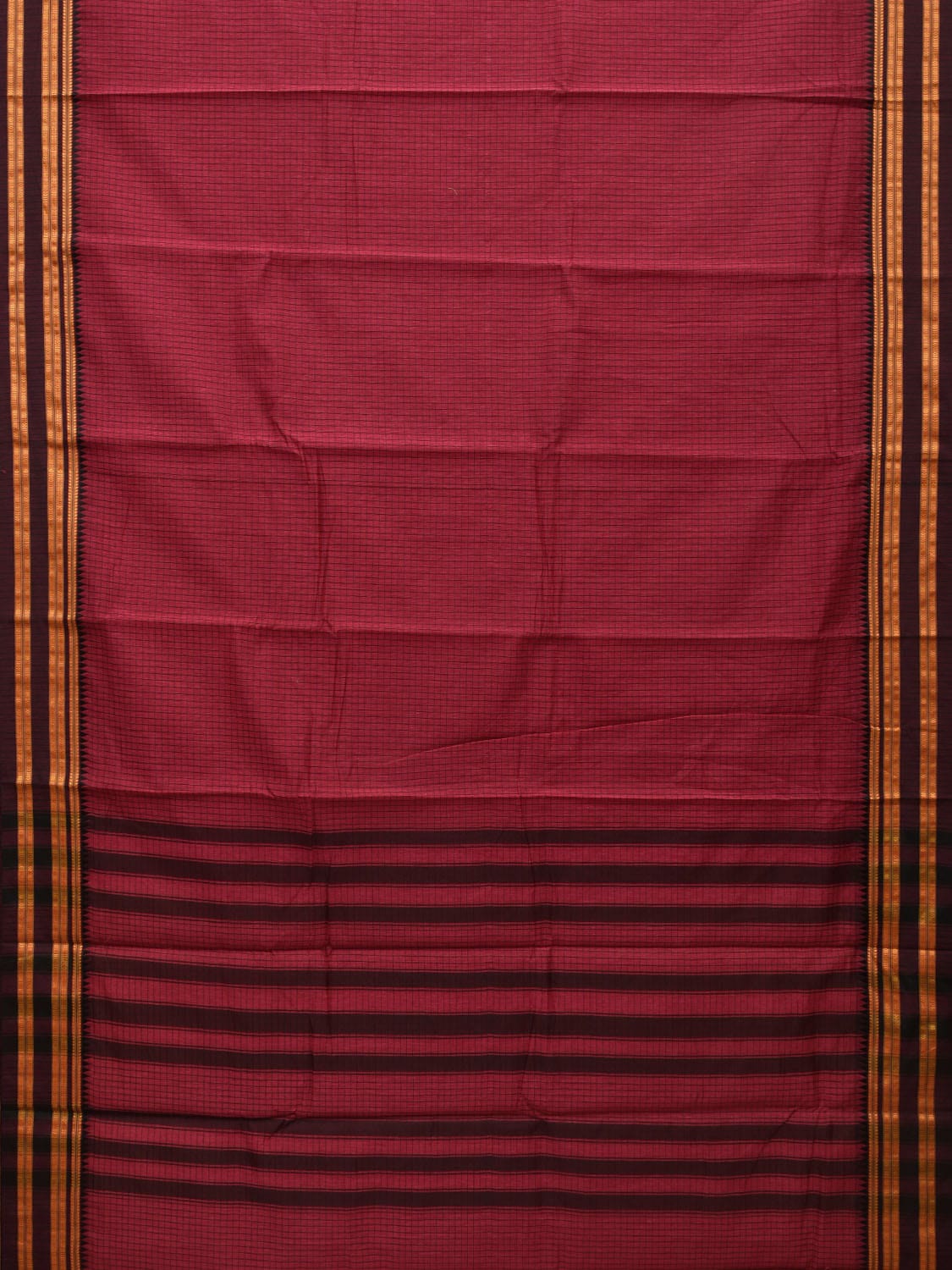 Burgundy Bamboo Cotton Saree with Checks Design - Global Threads - Distacart