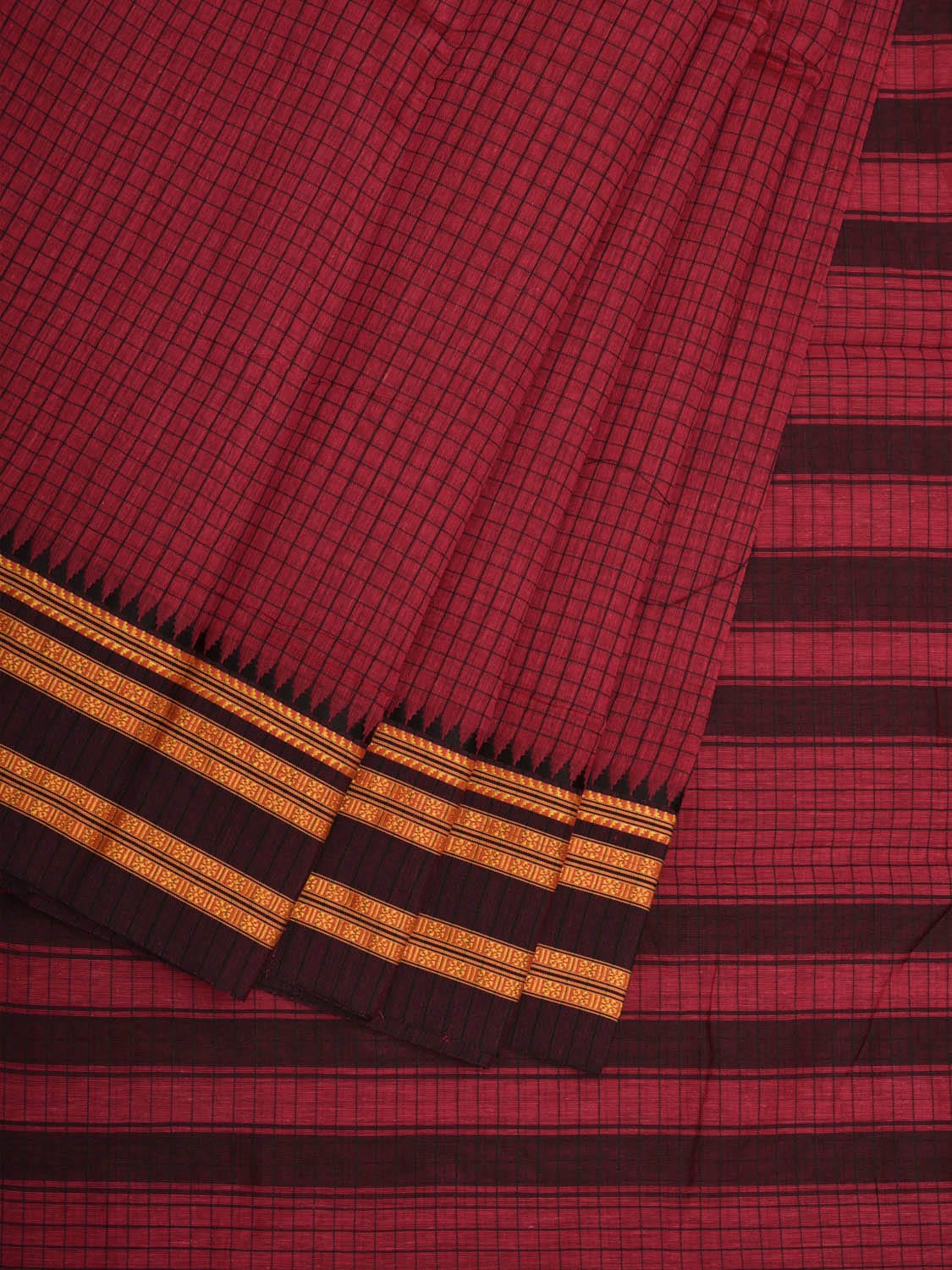 Burgundy Bamboo Cotton Saree with Checks Design - Global Threads - Distacart