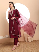 Thumbnail for Yufta Burgundy Embroidered Kurta With Pant And Dupatta Comes With Cotton Lining