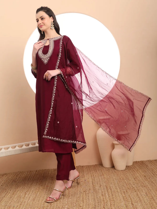 Yufta Burgundy Embroidered Kurta With Pant And Dupatta Comes With Cotton Lining