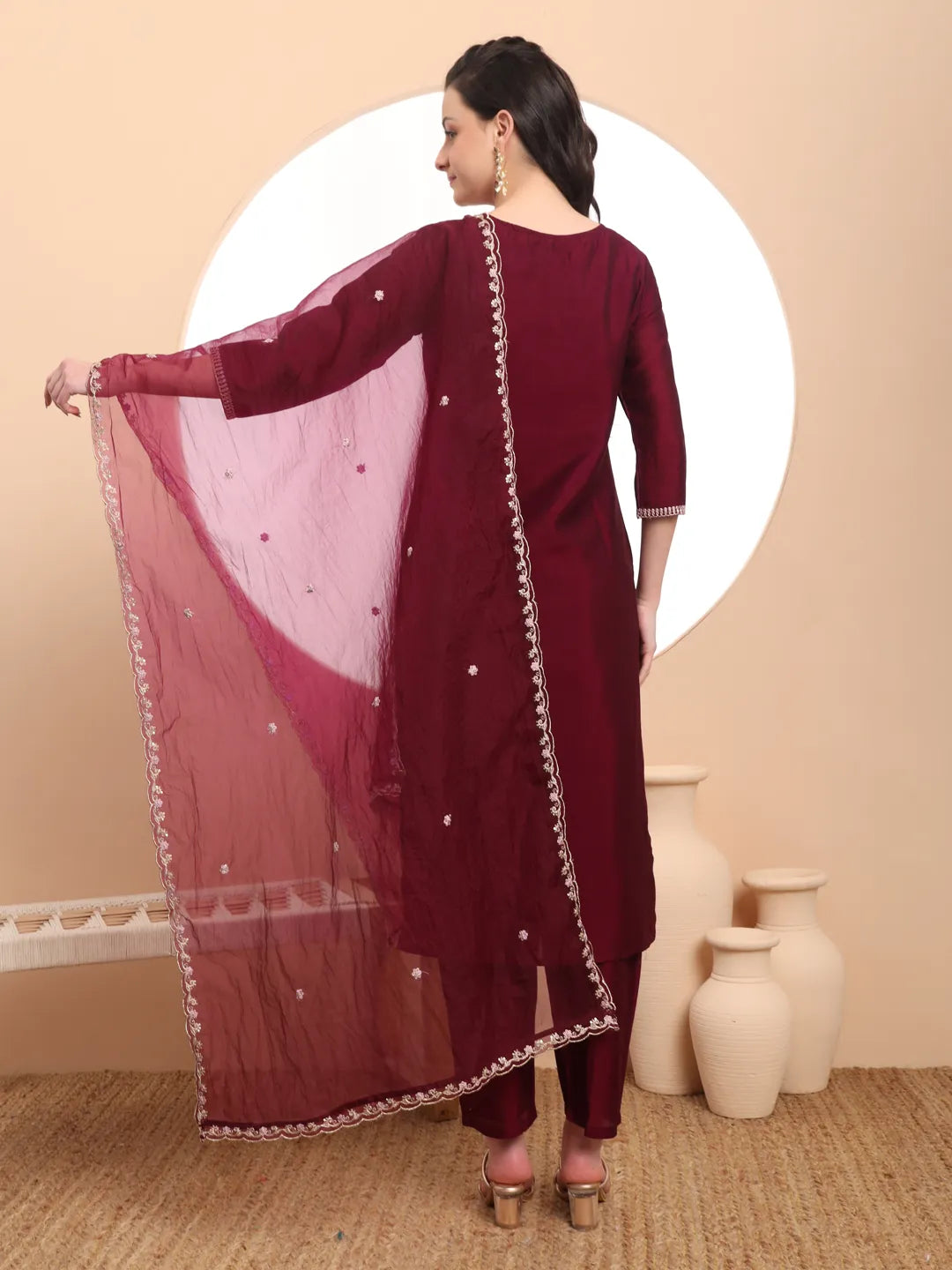 Yufta Burgundy Embroidered Kurta With Pant And Dupatta Comes With Cotton Lining
