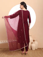 Thumbnail for Yufta Burgundy Embroidered Kurta With Pant And Dupatta Comes With Cotton Lining