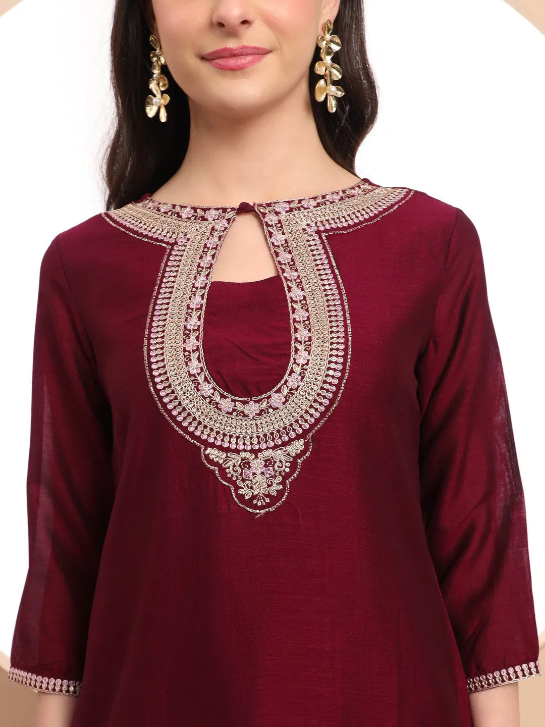 Yufta Burgundy Embroidered Kurta With Pant And Dupatta Comes With Cotton Lining