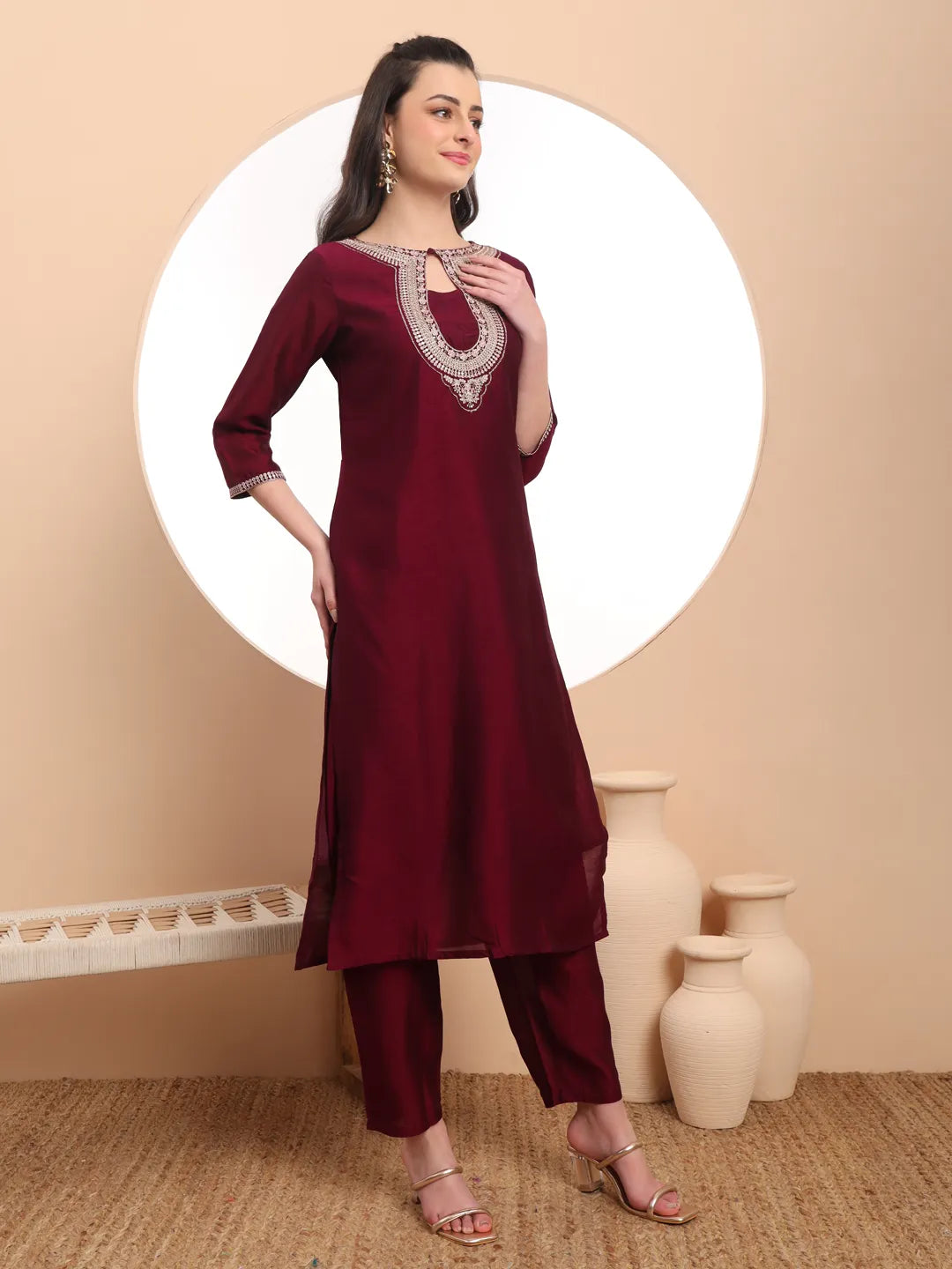 Yufta Burgundy Embroidered Kurta With Pant And Dupatta Comes With Cotton Lining