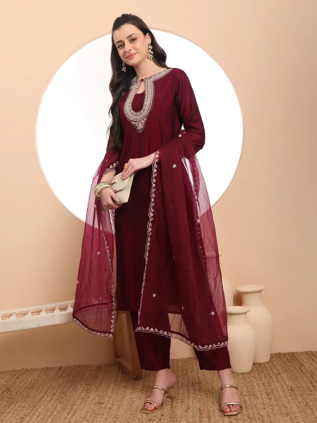 Yufta Burgundy Embroidered Kurta With Pant And Dupatta Comes With Cotton Lining