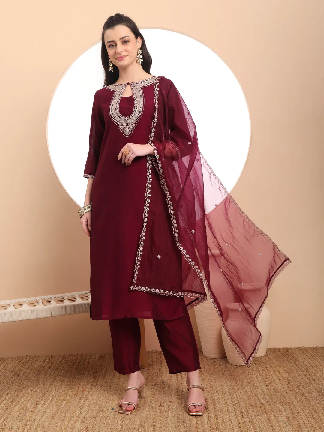 Yufta Burgundy Embroidered Kurta With Pant And Dupatta Comes With Cotton Lining - Distacart