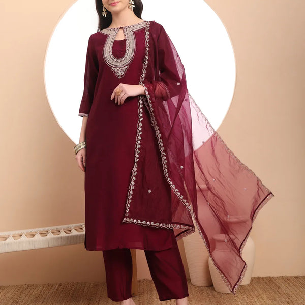Yufta Burgundy Embroidered Kurta With Pant And Dupatta Comes With Cotton Lining - Distacart