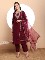 Thumbnail for Yufta Burgundy Embroidered Kurta With Pant And Dupatta Comes With Cotton Lining