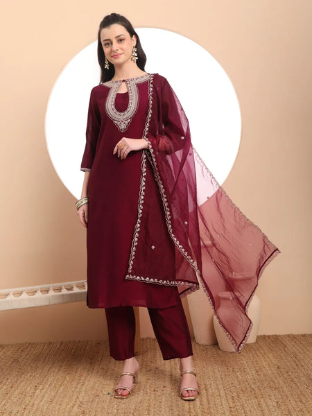 Yufta Burgundy Embroidered Kurta With Pant And Dupatta Comes With Cotton Lining