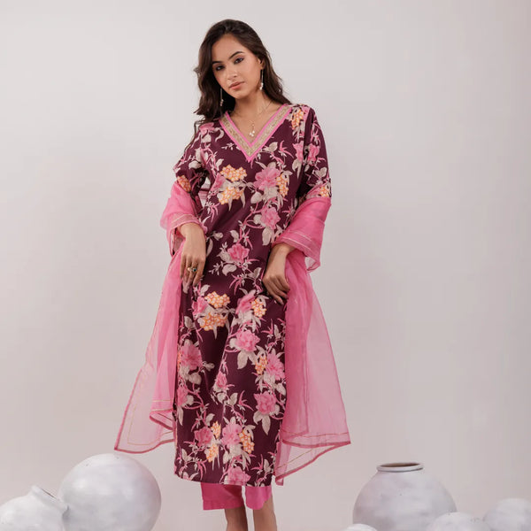 Yufta Burgundy Floral Print Cotton Straight Kurta Trouser With Dupatta Set - Distacart