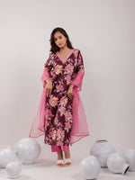 Thumbnail for Yufta Burgundy Floral Print Cotton Straight Kurta Trouser With Dupatta Set