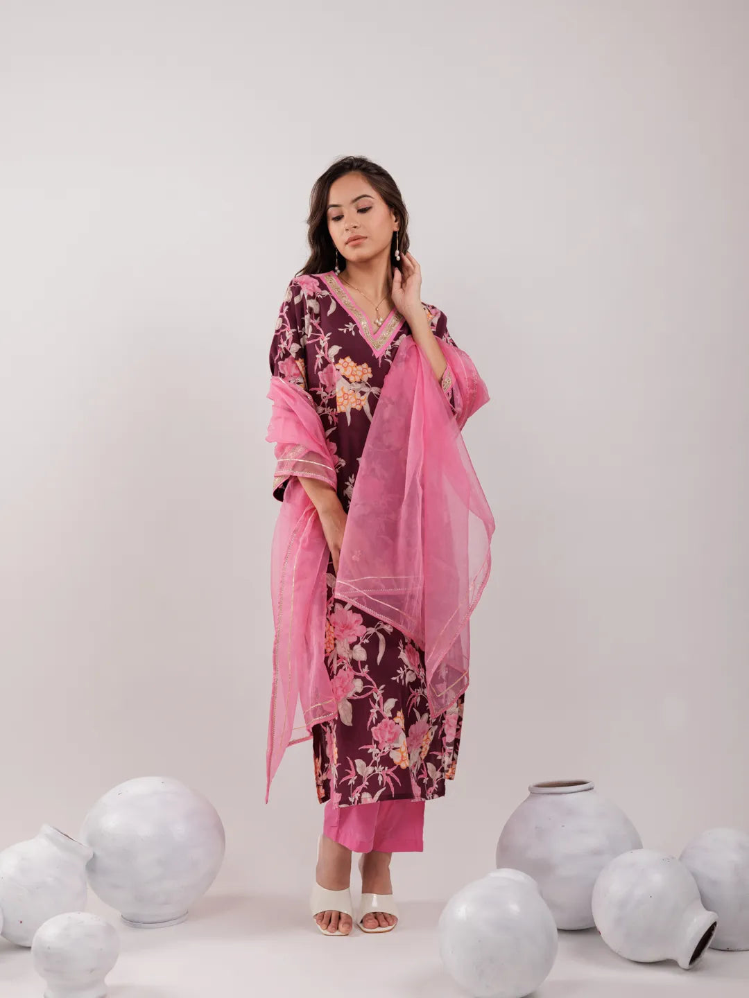 Yufta Burgundy Floral Print Cotton Straight Kurta Trouser With Dupatta Set - Distacart
