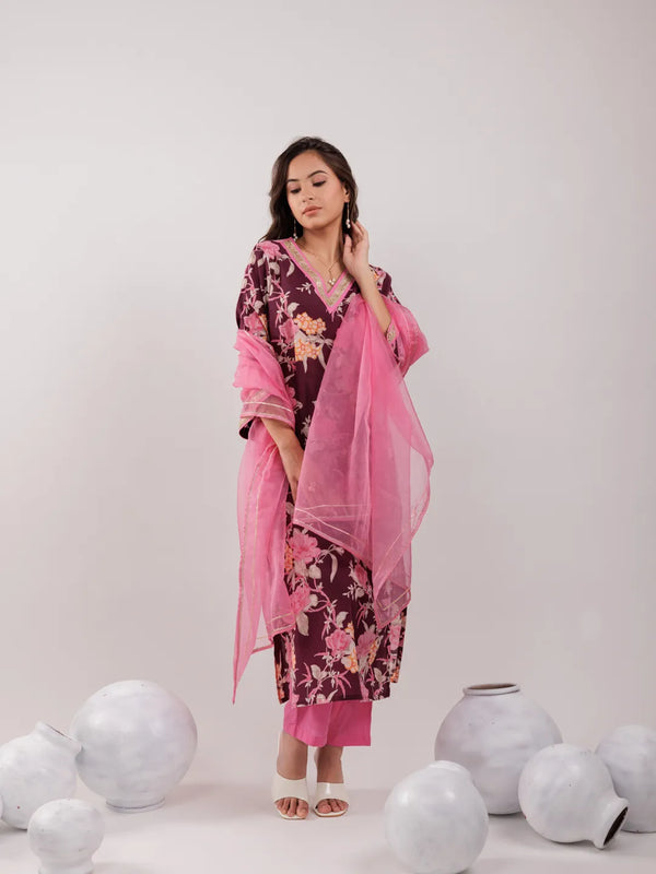 Yufta Burgundy Floral Print Cotton Straight Kurta Trouser With Dupatta Set