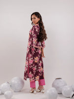 Thumbnail for Yufta Burgundy Floral Print Cotton Straight Kurta Trouser With Dupatta Set