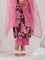 Thumbnail for Yufta Burgundy Floral Print Cotton Straight Kurta Trouser With Dupatta Set