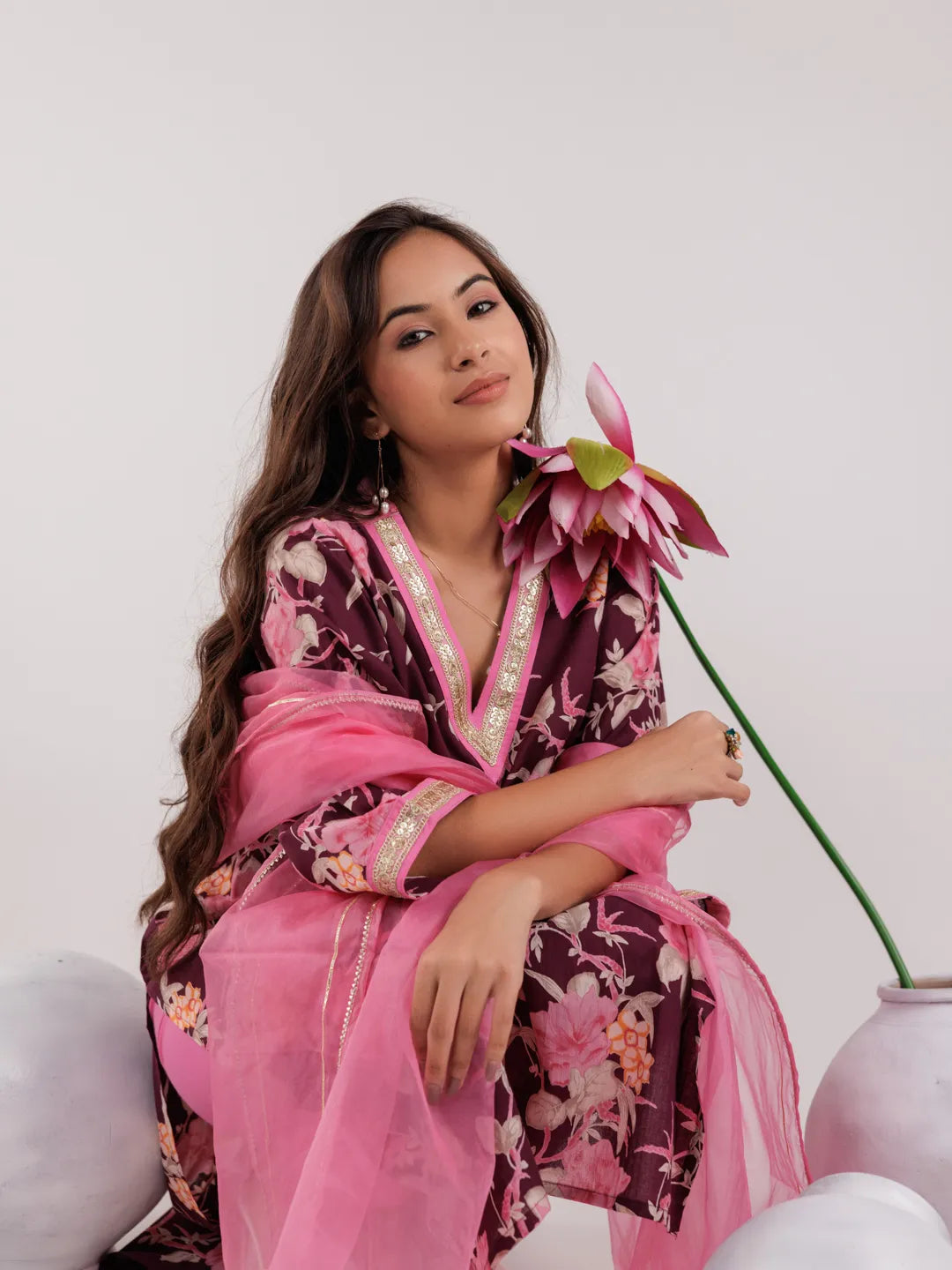 Yufta Burgundy Floral Print Cotton Straight Kurta Trouser With Dupatta Set