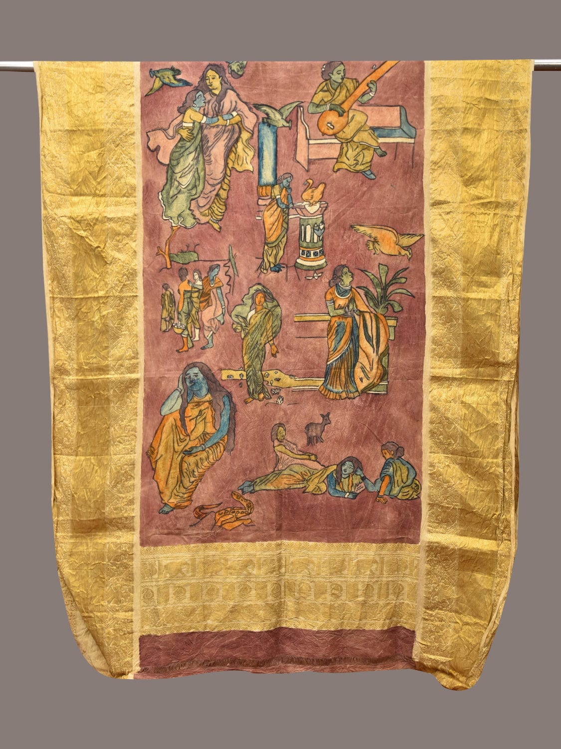 Burgundy Kalamkari Hand Painted Kanchipuram Silk Handloom Dupatta with Painting Design - Global Threads - Distacart