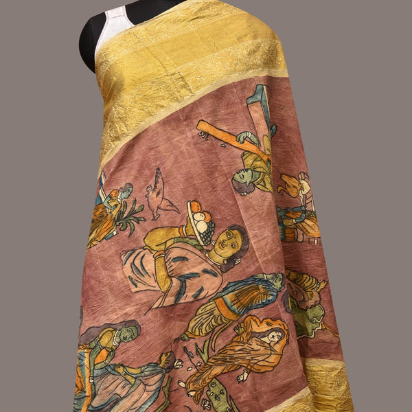 Burgundy Kalamkari Hand Painted Kanchipuram Silk Handloom Dupatta with Painting Design - Global Threads - Distacart