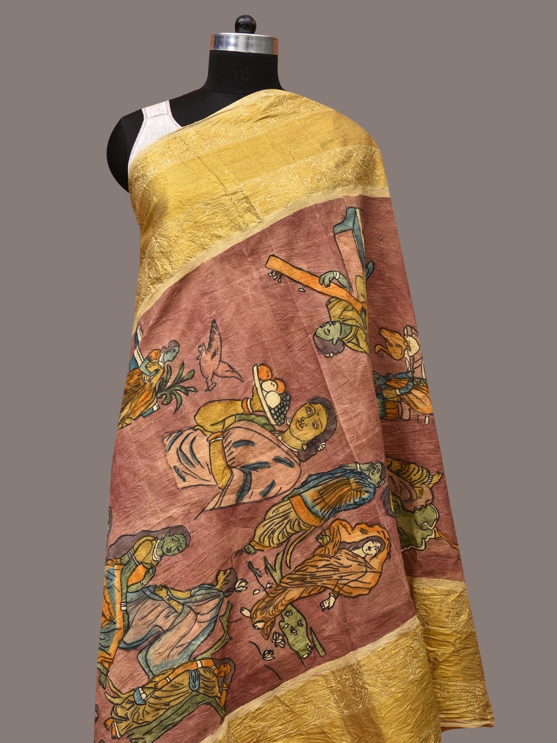 Burgundy Kalamkari Hand Painted Kanchipuram Silk Handloom Dupatta with Painting Design - Global Threads - Distacart