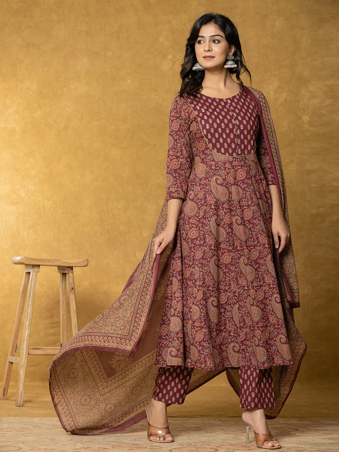 Yufta Burgundy Sequins_Work Cotton Anarkali Kurta Dupatta Set