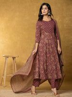 Thumbnail for Yufta Burgundy Sequins_Work Cotton Anarkali Kurta Dupatta Set