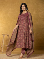Thumbnail for Yufta Burgundy Sequins_Work Cotton Anarkali Kurta Dupatta Set