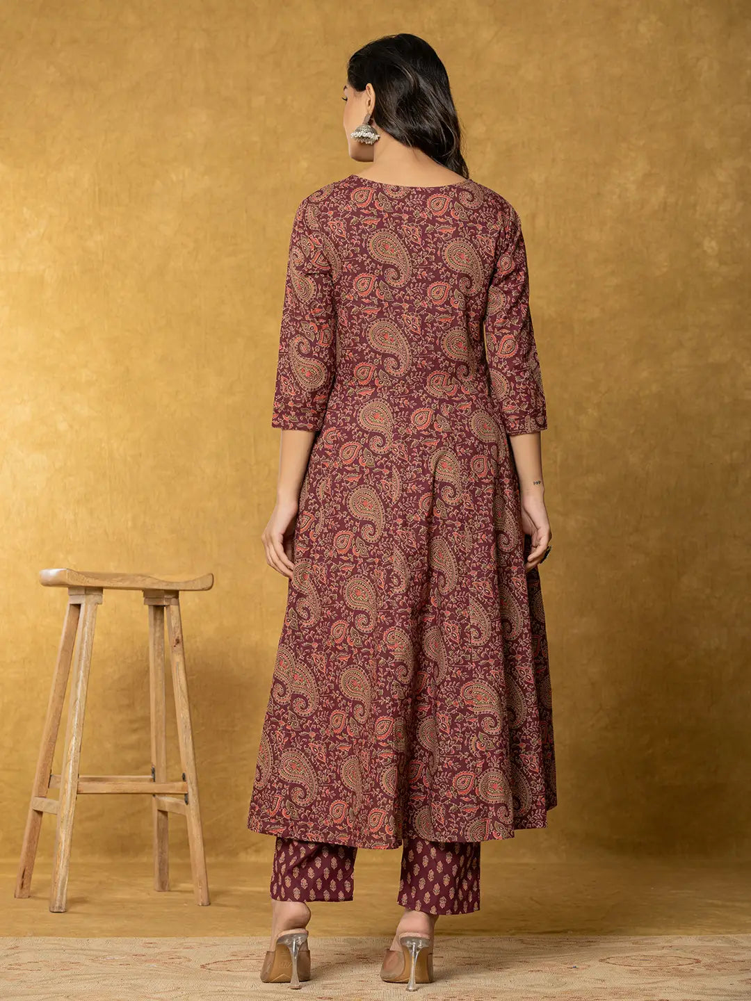 Yufta Burgundy Sequins_Work Cotton Anarkali Kurta Dupatta Set