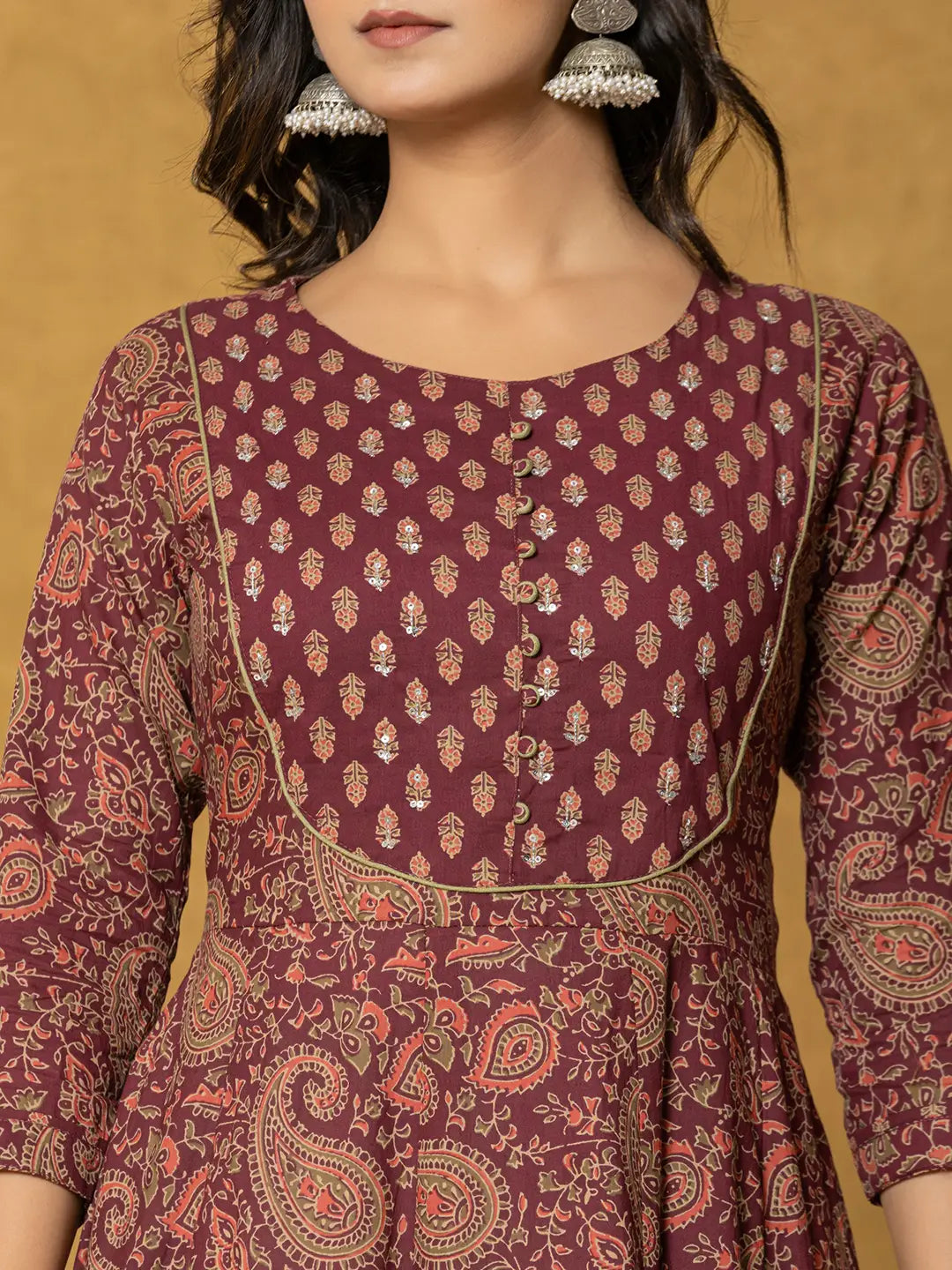 Yufta Burgundy Sequins_Work Cotton Anarkali Kurta Dupatta Set