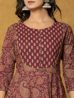 Thumbnail for Yufta Burgundy Sequins_Work Cotton Anarkali Kurta Dupatta Set