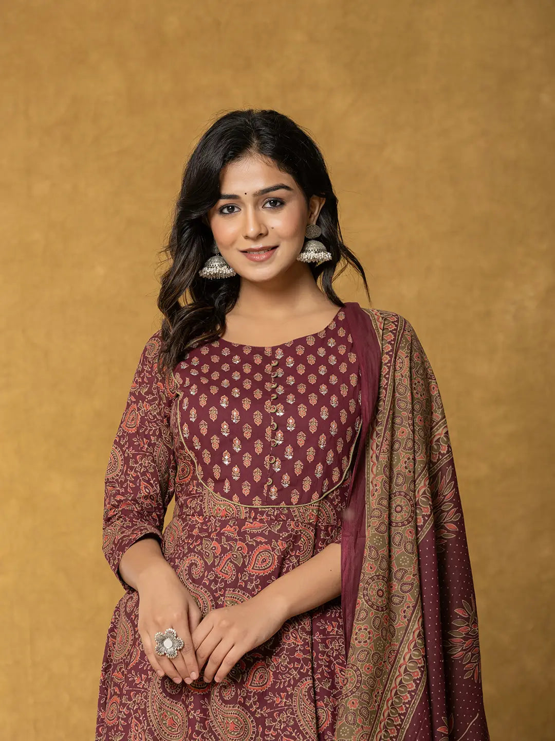 Yufta Burgundy Sequins_Work Cotton Anarkali Kurta Dupatta Set