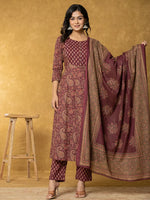 Thumbnail for Yufta Burgundy Sequins_Work Cotton Anarkali Kurta Dupatta Set
