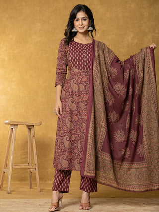 Yufta Burgundy Sequins_Work Cotton Anarkali Kurta Dupatta Set