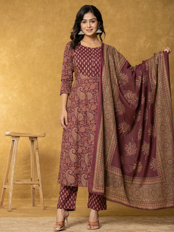 Yufta Burgundy Sequins_Work Cotton Anarkali Kurta Dupatta Set