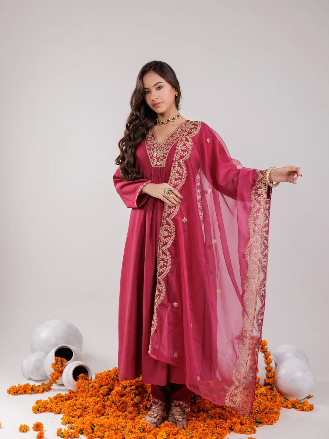 Yufta Hot Pink Silk Embroidered Kurta Dupatta Set - Distacart