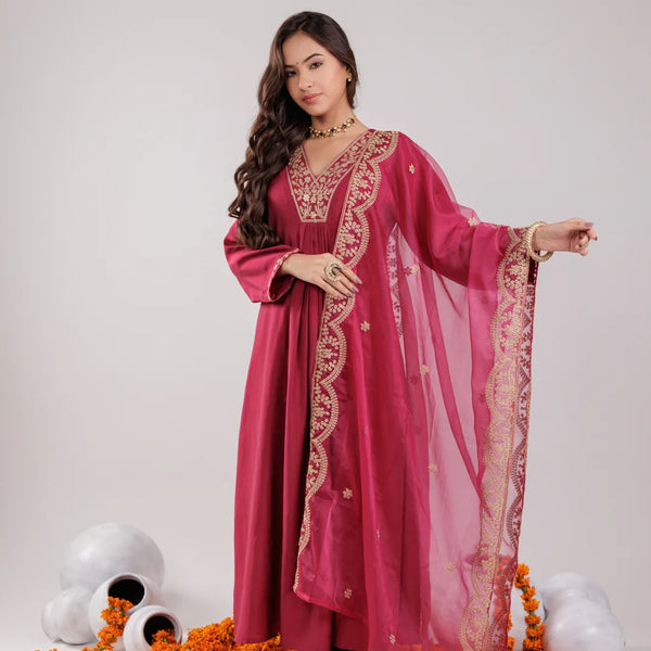 Yufta Hot Pink Silk Embroidered Kurta Dupatta Set - Distacart