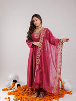 Thumbnail for Yufta Hot Pink Silk Embroidered Kurta Dupatta Set