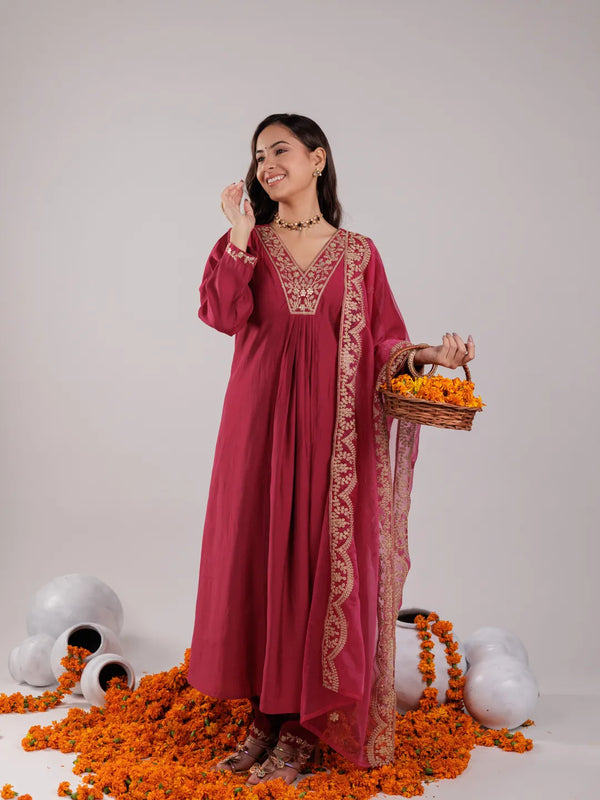 Yufta Hot Pink Silk Embroidered Kurta Dupatta Set