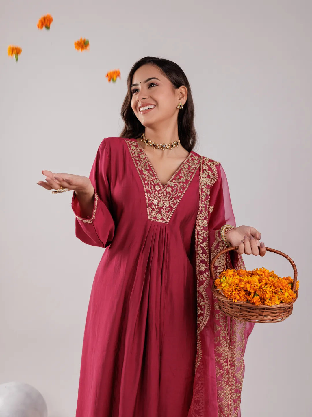 Yufta Hot Pink Silk Embroidered Kurta Dupatta Set