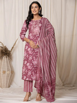 Yufta Burgundy Thread_Work Cotton Straight Kurta Trouser & Dupatta Set - Distacart