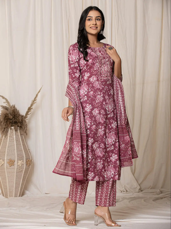 Yufta Burgundy Thread_Work Cotton Straight Kurta Trouser & Dupatta Set