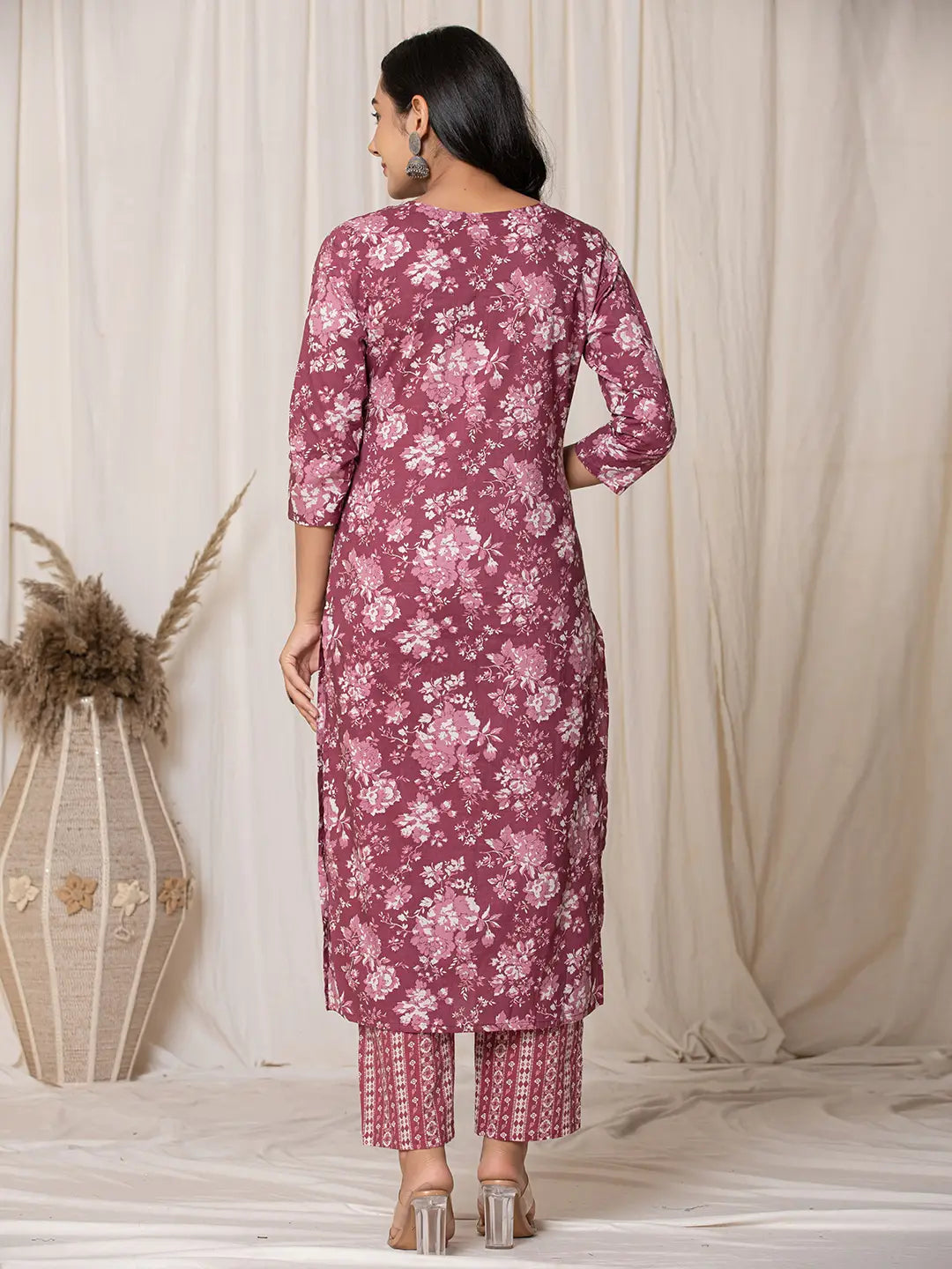 Yufta Burgundy Thread_Work Cotton Straight Kurta Trouser & Dupatta Set
