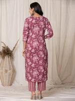 Thumbnail for Yufta Burgundy Thread_Work Cotton Straight Kurta Trouser & Dupatta Set