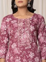 Thumbnail for Yufta Burgundy Thread_Work Cotton Straight Kurta Trouser & Dupatta Set