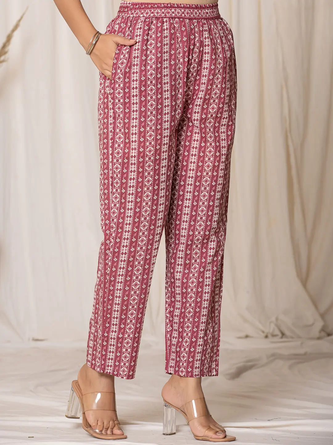 Yufta Burgundy Thread_Work Cotton Straight Kurta Trouser & Dupatta Set