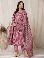 Thumbnail for Yufta Burgundy Thread_Work Cotton Straight Kurta Trouser & Dupatta Set