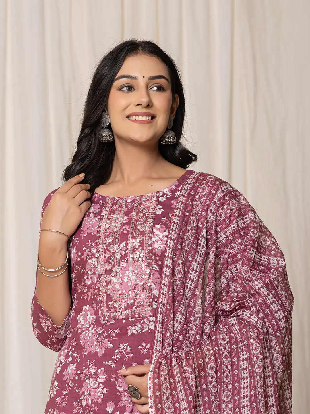 Yufta Burgundy Thread_Work Cotton Straight Kurta Trouser & Dupatta Set