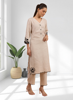 Thumbnail for Joban Fashion Beige Linen Embroidered Readymade Long Kurta With Pant - Distacart
