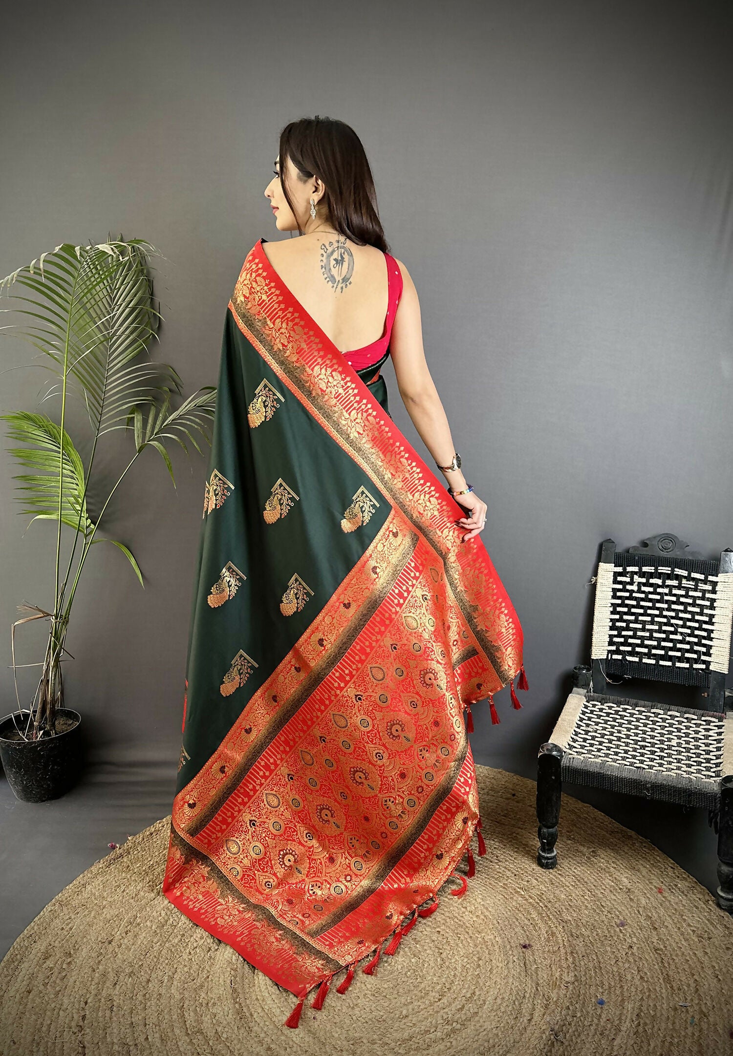 Joban Fashion Dark Green Banarasi Soft Silk Peacock Butta Work Saree
